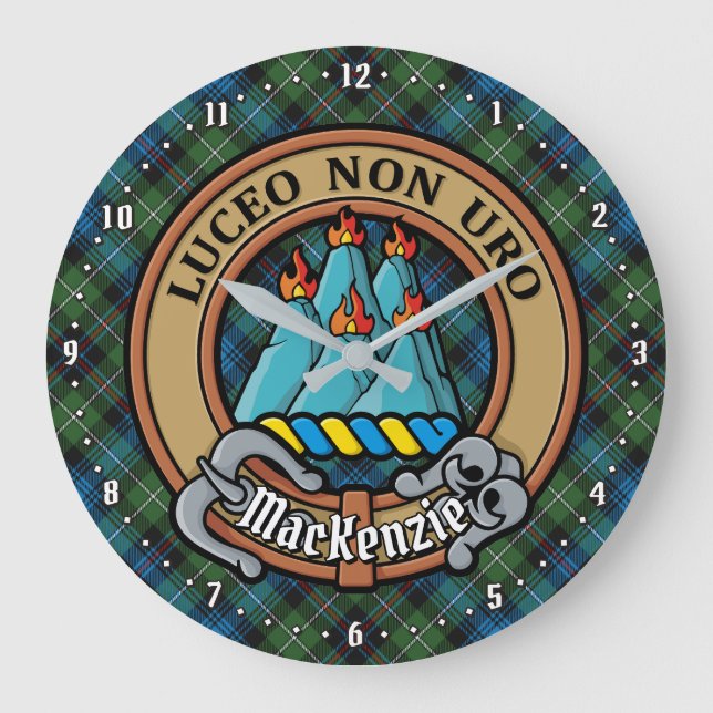 Clan MacKenzie Crest over Tartan Large Clock (Front)