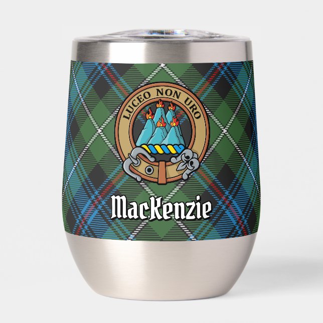 Clan MacKenzie Crest over Tartan Thermal Wine Tumbler (Front)