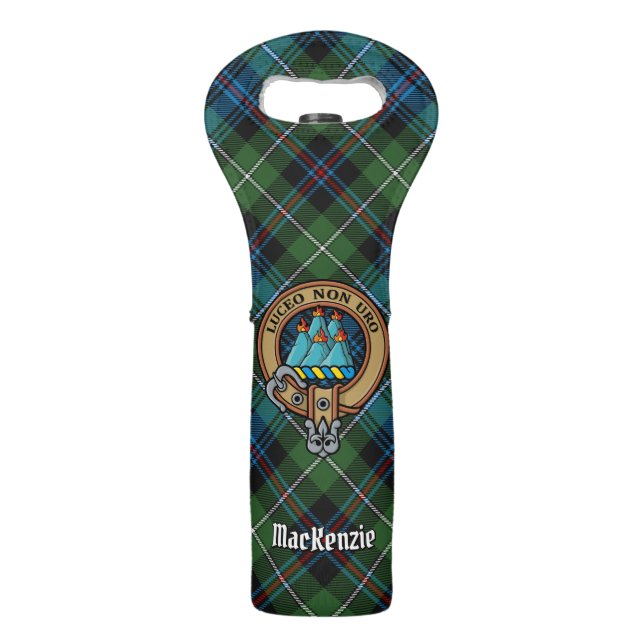 Clan MacKenzie Crest over Tartan Wine Bag (Front)
