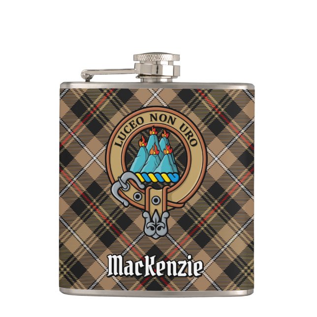 Clan MacKenzie Crest over Weathered Hunting Tartan Flask (Front)