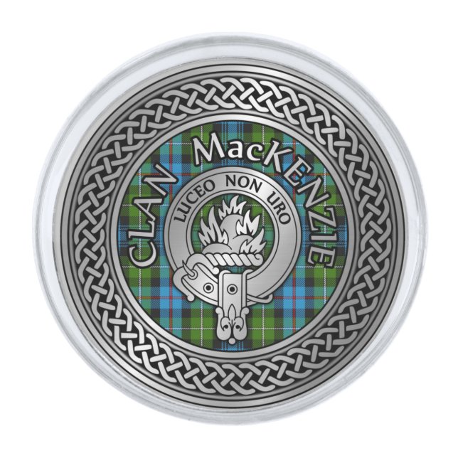 Clan MacKenzie Crest & Tartan Knot Silver Finish Lapel Pin (Front)