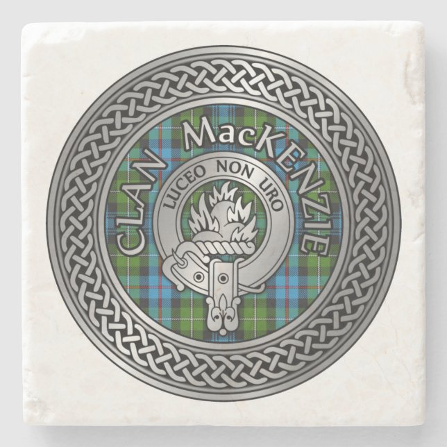 Clan MacKenzie Crest & Tartan Knot Stone Coaster (Front)