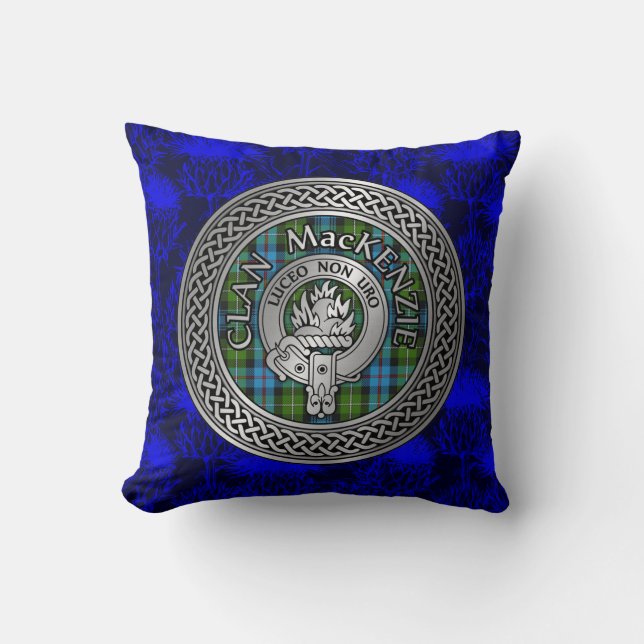 Clan MacKenzie Crest & Tartan Knot Throw Pillow (Front)