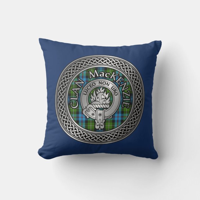 Clan MacKenzie Crest & Tartan Knot Throw Pillow (Front)