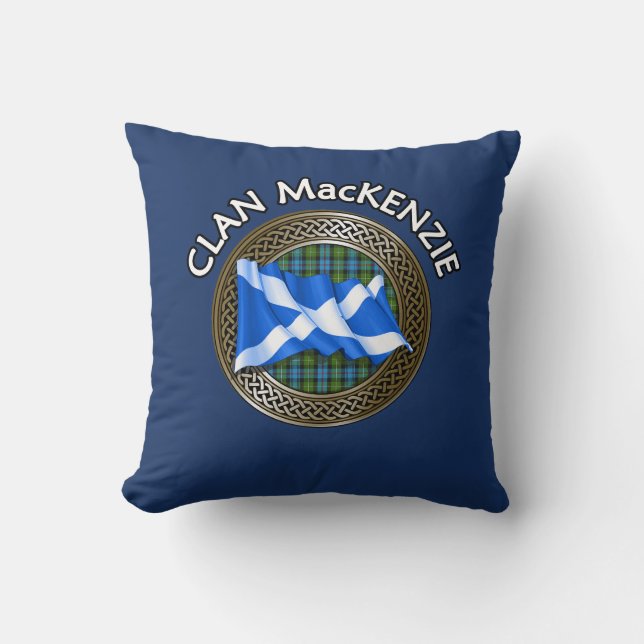 Clan MacKenzie Tartan Knot & Flag Throw Pillow (Front)