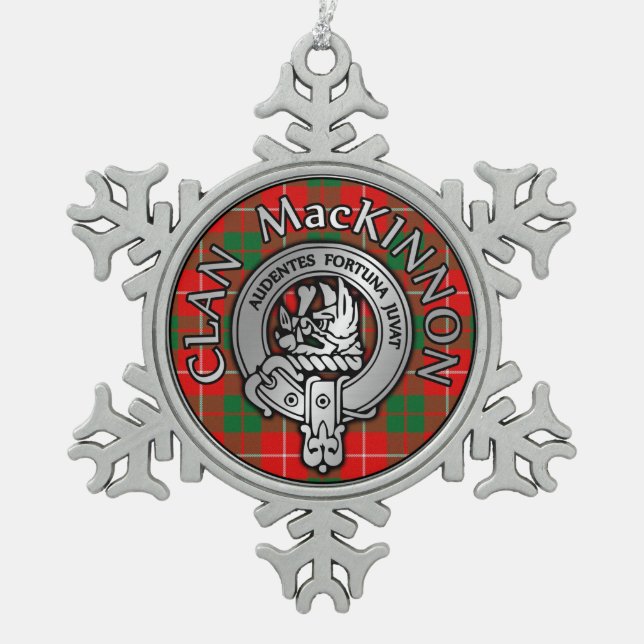 Clan MacKinnon Crest & Tartan Snowflake Pewter Christmas Ornament (Front)