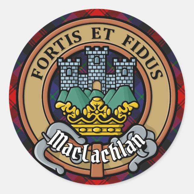 Clan MacLachlan Crest over Tartan Classic Round Sticker (Front)