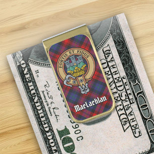Clan MacLachlan Crest over Tartan Gold Finish Money Clip