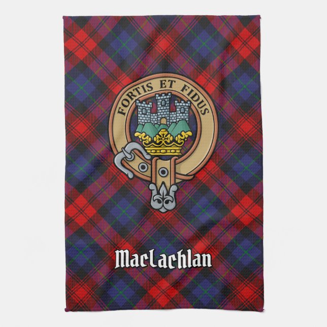 Clan MacLachlan Crest over Tartan Kitchen Towel (Vertical)