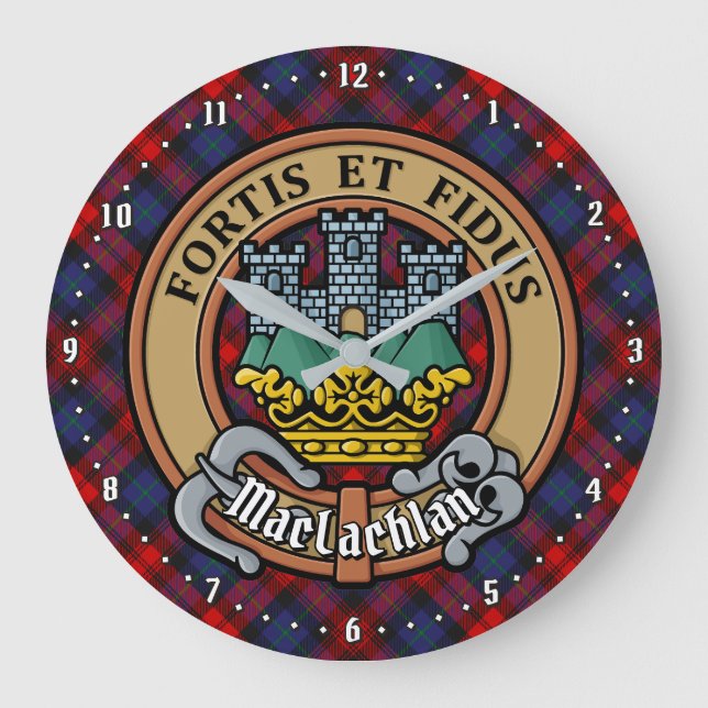 Clan MacLachlan Crest over Tartan Large Clock (Front)