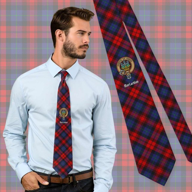 Clan MacLachlan Crest over Tartan Neck Tie (Creator Uploaded)