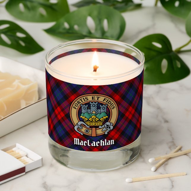 Clan MacLachlan Crest over Tartan Scented Candle (Lit)