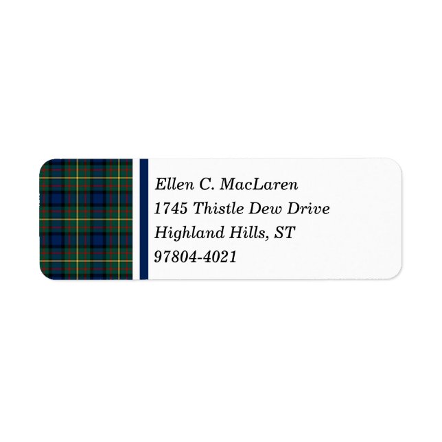 Clan MacLaren Blue and Green Scottish Tartan Label (Front)