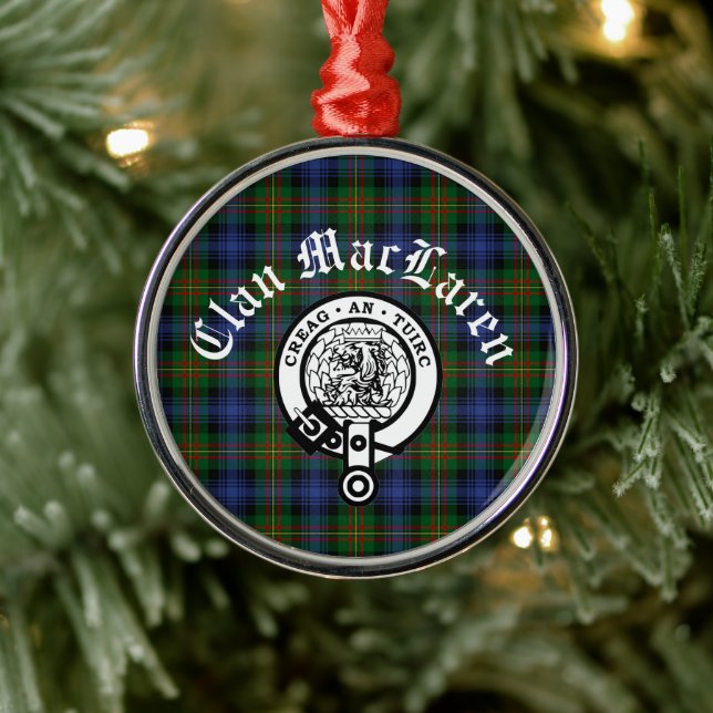 Clan MacLaren Crest Badge & Tartan Customizable  Metal Ornament (Tree)