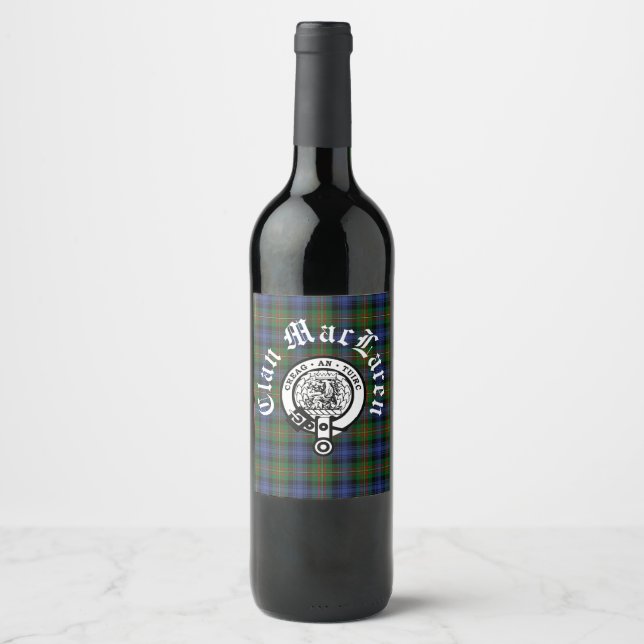 Clan MacLaren Crest Badge & Tartan Customizable Wine Label (Front)
