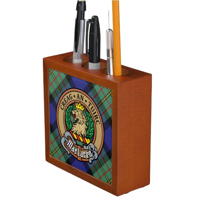 Clan MacLaren Crest over Tartan Desk Organizer (In Situ)