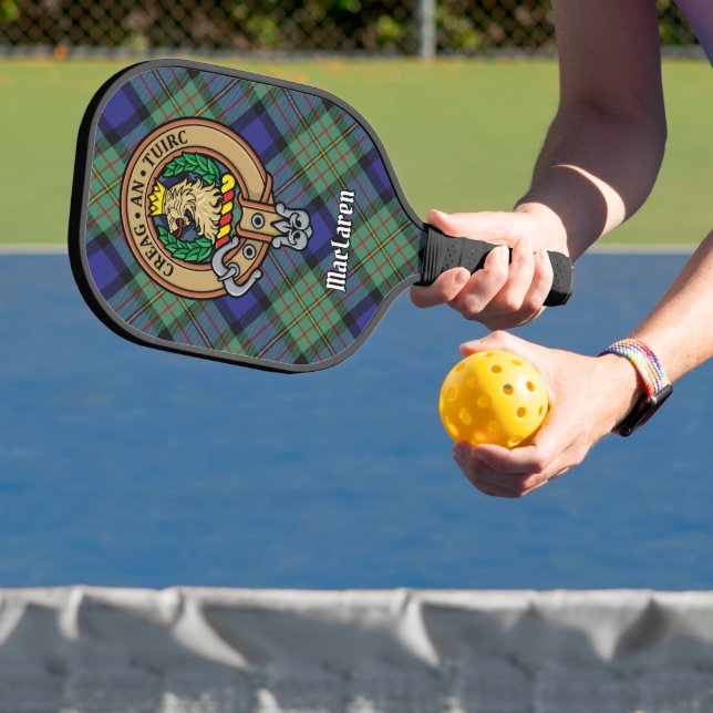Clan MacLaren Crest over Tartan Keychain Pickleball Paddle (Insitu)