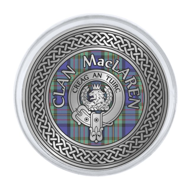 Clan MacLaren Crest & Tartan Knot Silver Finish Lapel Pin (Front)