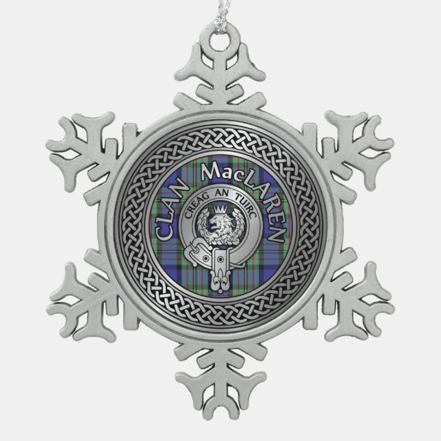Clan MacLaren Crest & Tartan Knot Snowflake Pewter Christmas Ornament (Front)