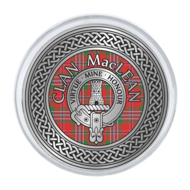 Clan MacLean Crest & Tartan Knot Silver Finish Lapel Pin (Front)