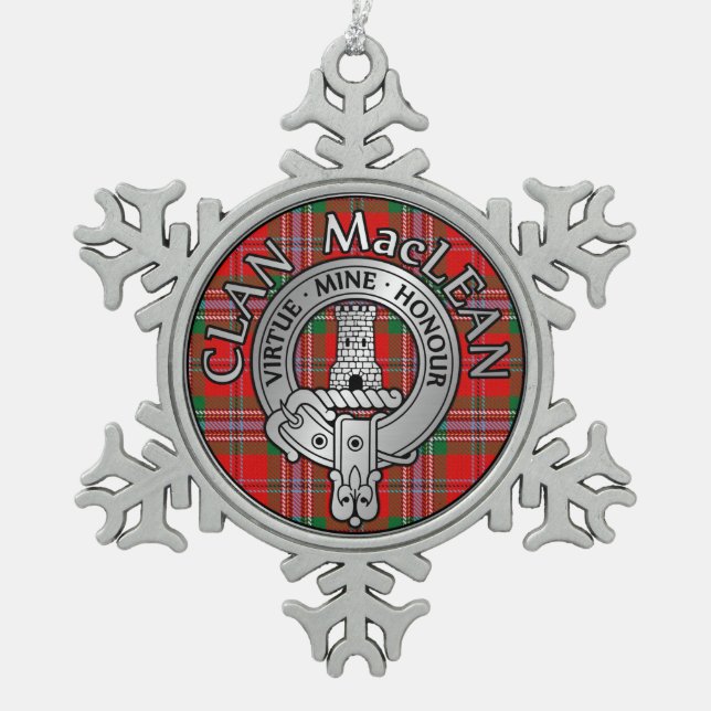 Clan MacLean Crest & Tartan Snowflake Pewter Christmas Ornament (Front)