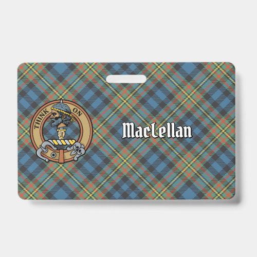 Clan MacLellan Crest over Ancient Tartan Badge