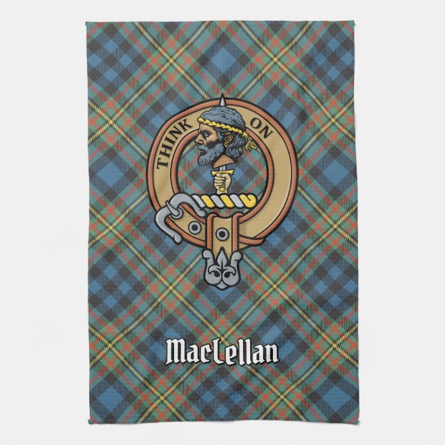Clan MacLellan Crest over Ancient Tartan Kitchen Towel (Vertical)