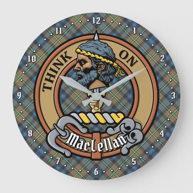 Clan MacLellan Crest over Ancient Tartan Large Clock (Front)
