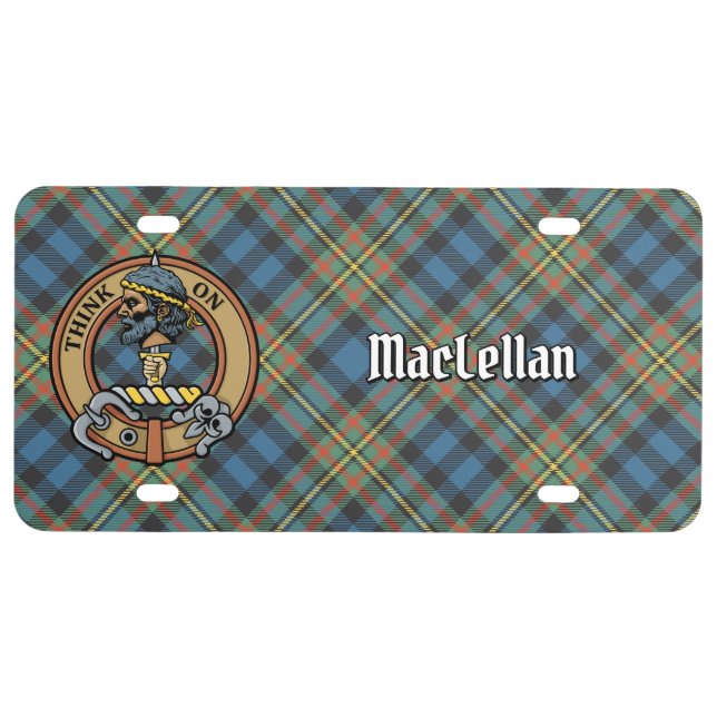 Clan MacLellan Crest over Ancient Tartan License Plate (Front)