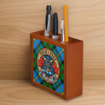 Clan MacLeod Crest over Hunting Tartan Desk Organizer