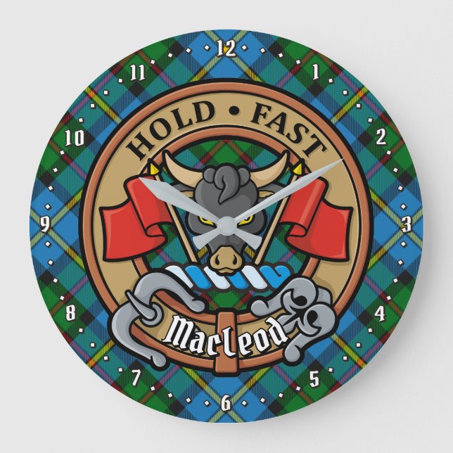 Clan MacLeod Crest over Hunting Tartan Large Clock (Front)
