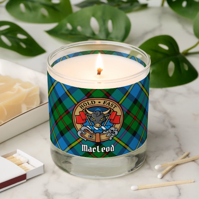 Clan MacLeod Crest over Hunting Tartan Scented Candle (Lit)