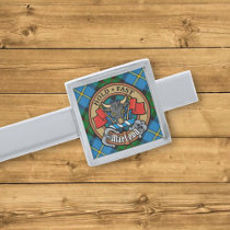Clan MacLeod Crest over Hunting Tartan Silver Finish Tie Bar