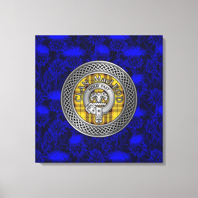 Clan MacLeod Crest & Tartan Knot on Thistle Canvas Print (Front)
