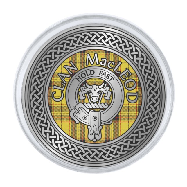 Clan MacLeod Crest & Tartan Knot Silver Finish Lapel Pin (Front)