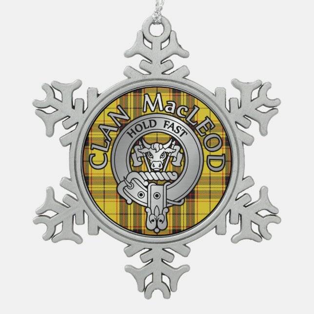 Clan MacLeod Crest & Tartan Snowflake Pewter Christmas Ornament (Front)