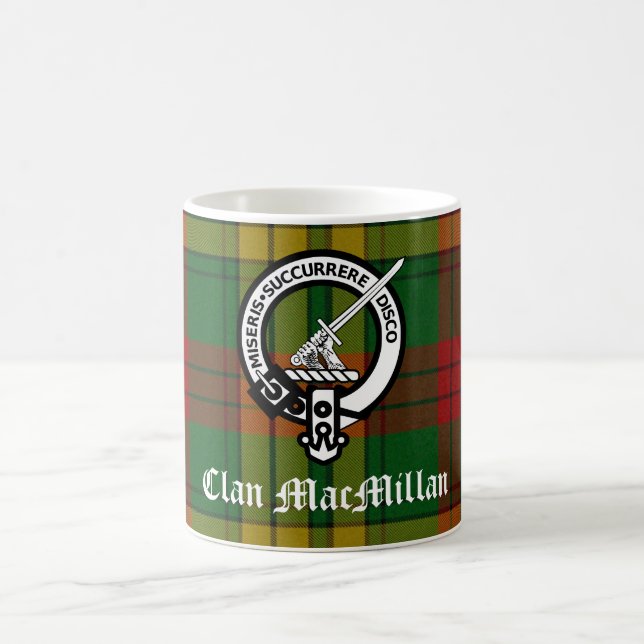 Clan MacMillan Crest Badge and Tartan Coffee Mug (Center)