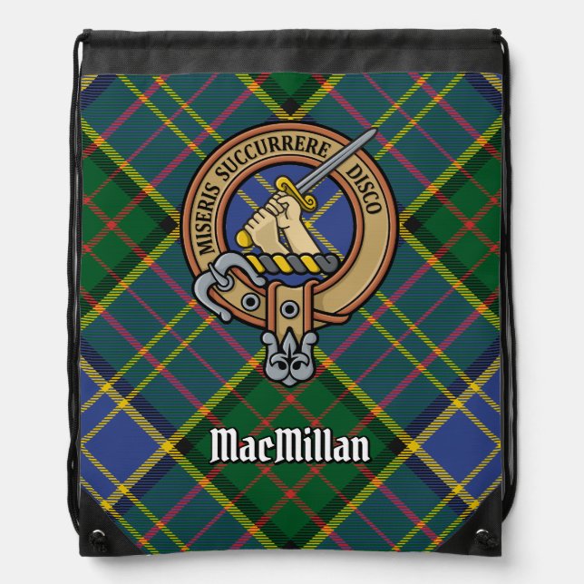 Clan MacMillan Crest over Hunting Tartan Drawstring Bag (Front)
