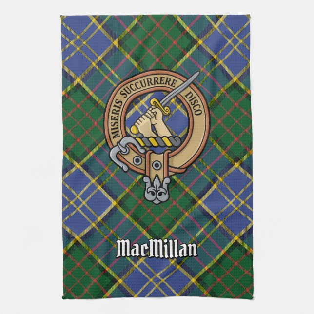 Clan MacMillan Crest over Hunting Tartan Kitchen Towel (Vertical)