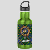 Clan MacMillan Crest over Hunting Tartan Stainless Steel Water Bottle
