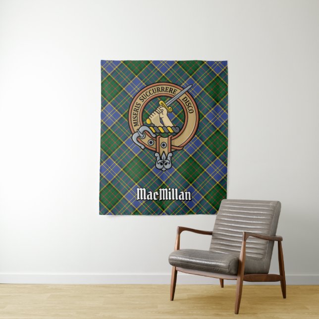 Clan MacMillan Crest over Hunting Tartan Tapestry (In Situ)
