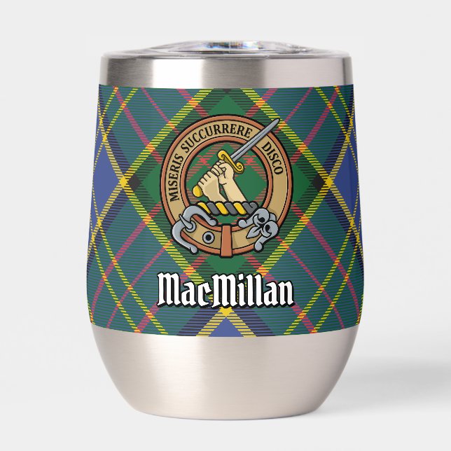 Clan MacMillan Crest over Hunting Tartan Thermal Wine Tumbler (Front)