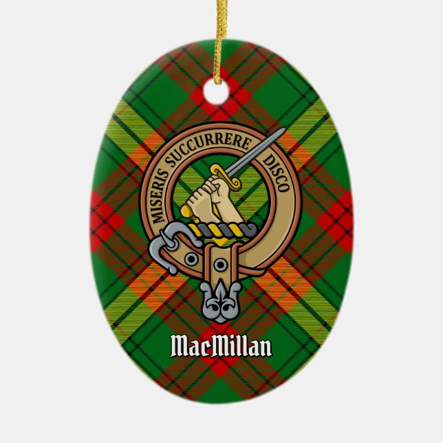 Clan MacMillan Crest over Tartan Ceramic Ornament (Front)