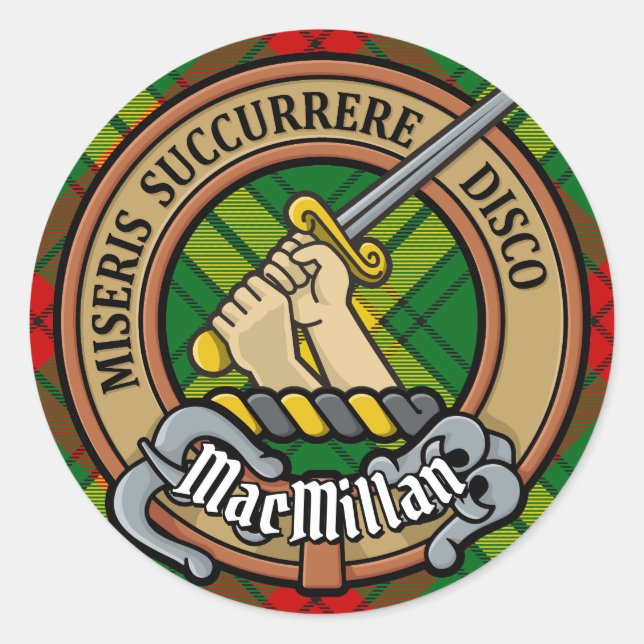 Clan MacMillan Crest over Tartan Classic Round Sticker (Front)