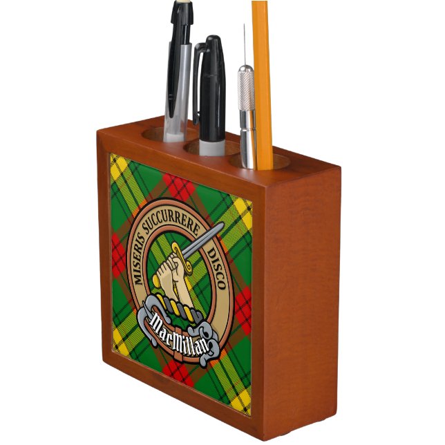 Clan MacMillan Crest over Tartan Desk Organizer (In Situ)
