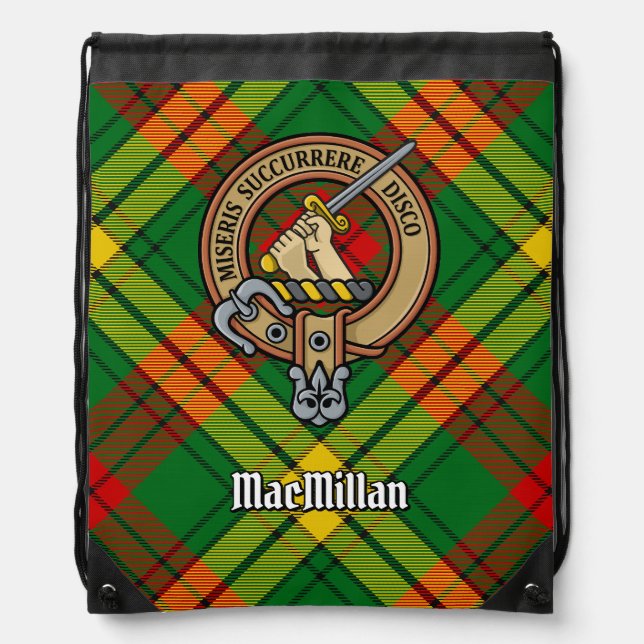 Clan MacMillan Crest over Tartan Drawstring Bag (Front)