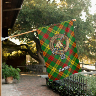 Clan MacMillan Crest over Tartan House Flag