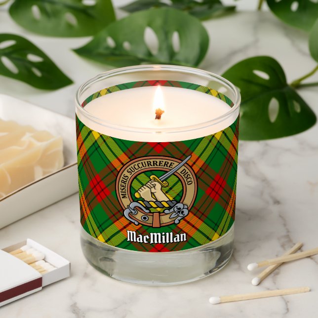 Clan MacMillan Crest over Tartan Scented Candle (Lit)