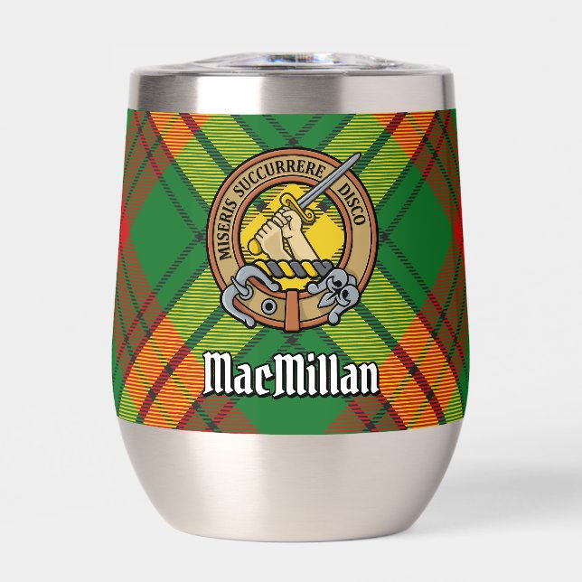 Clan MacMillan Crest over Tartan Thermal Wine Tumbler (Front)