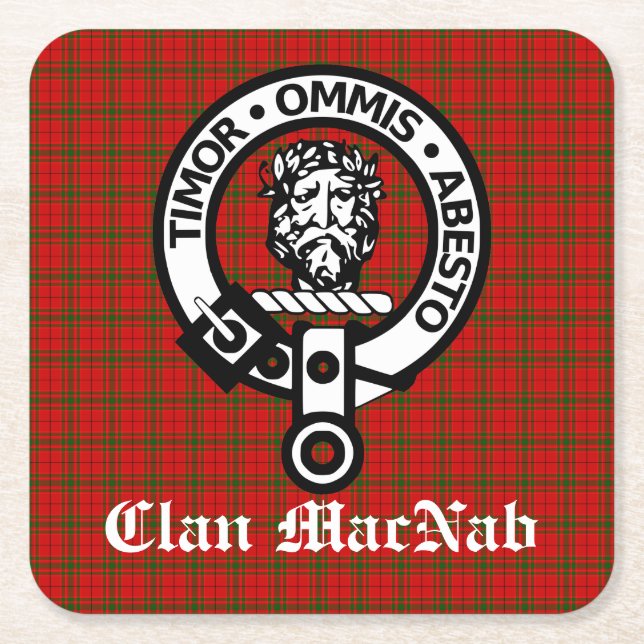Clan MacNab Crest Badge and Tartan Square Paper Coaster (Front)